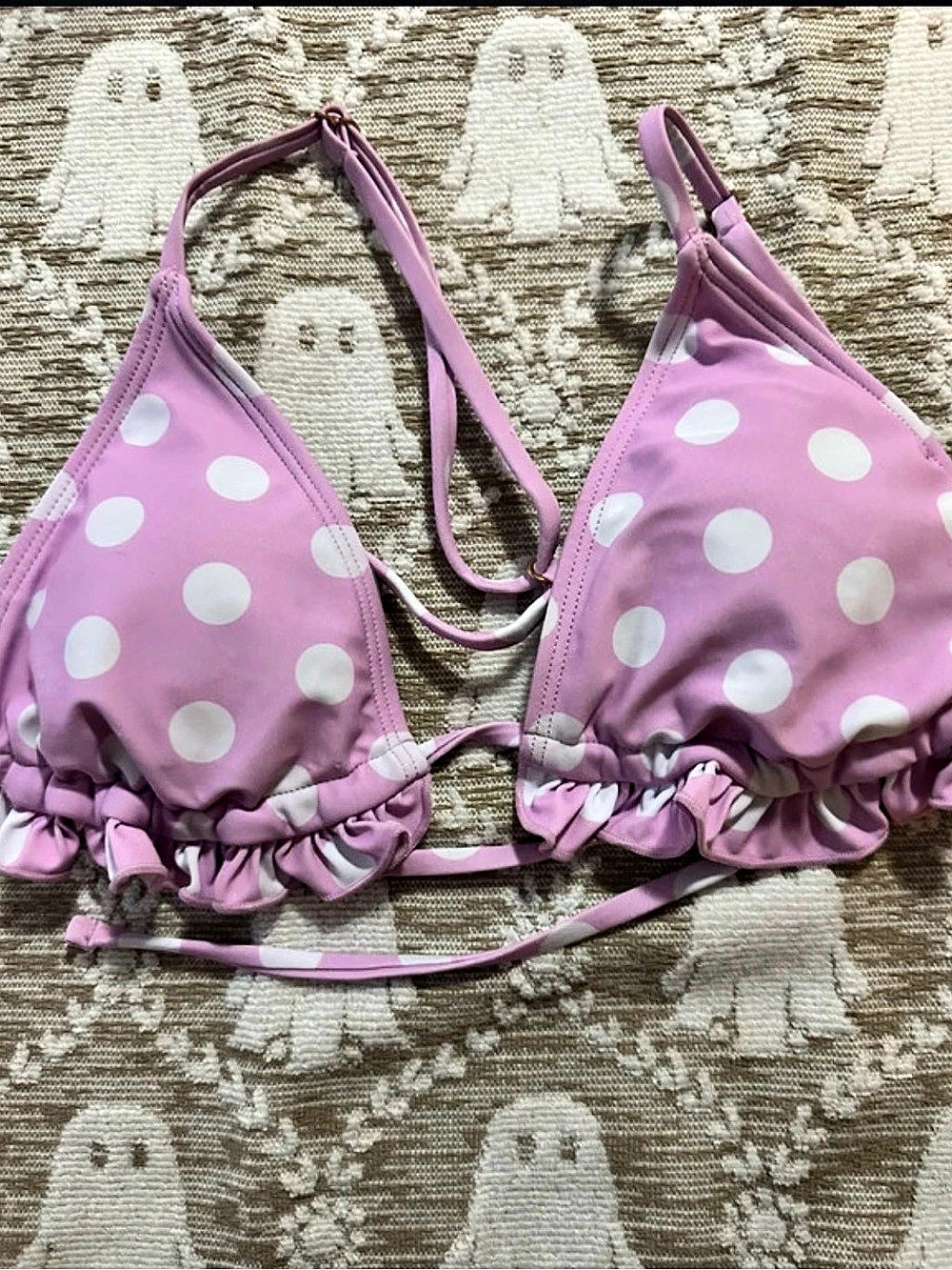 River Island Polka Dot Ruffle Bikini Top in lilac & White Size 4 NWT